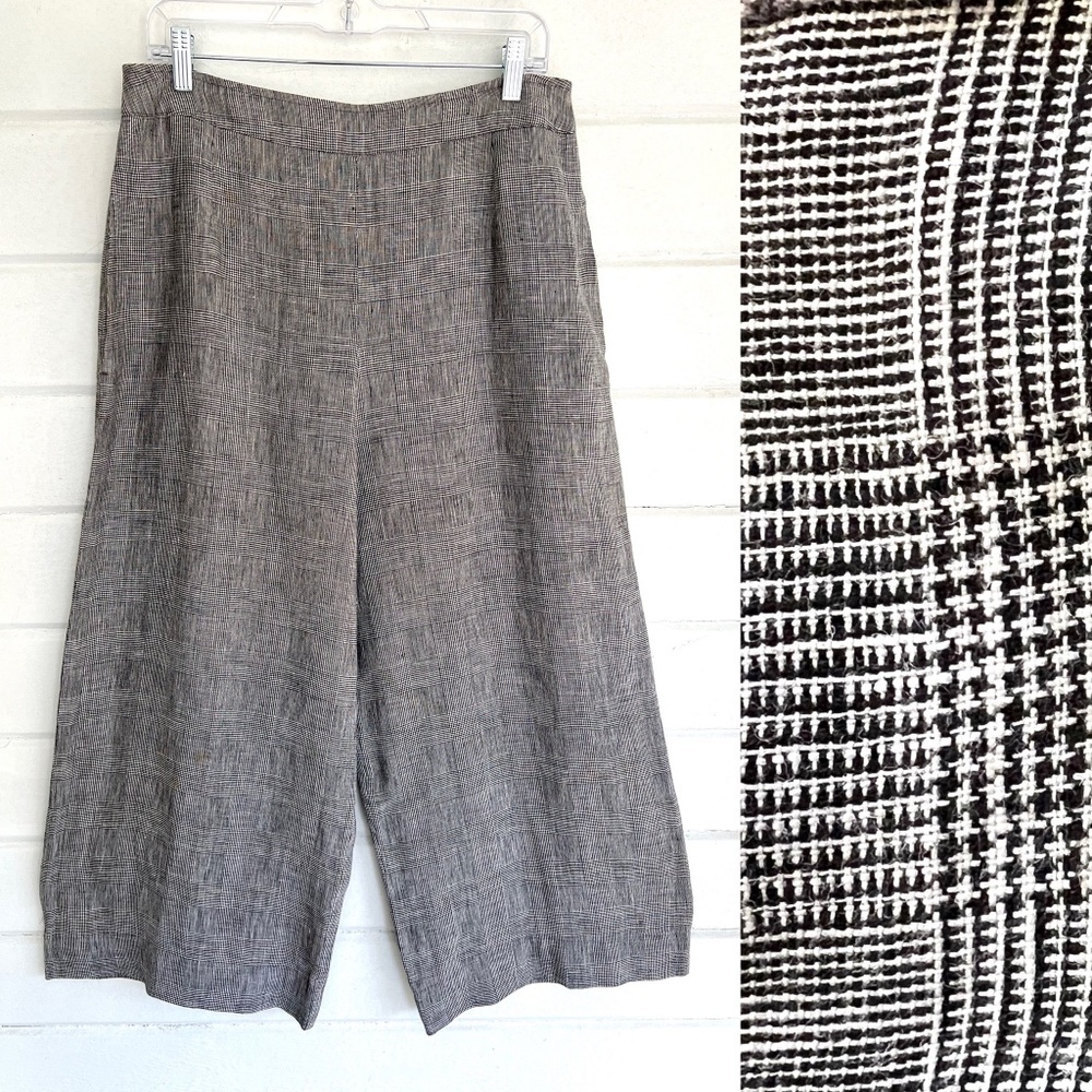 LILITH 100% Linen Black Glen Plaid  Wide Leg Cropped Pants - L/42